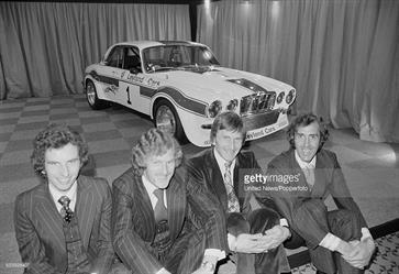 The March 1976 media launch of the Broadspeed Jaguar XJC and its young drivers (Left to right) Andy Rouse, Steve Thompson, Derek Bell and David Hobbs.